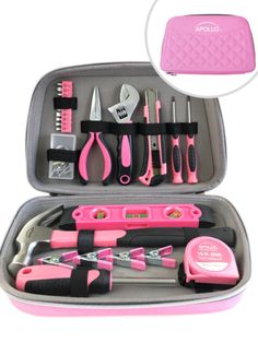 a pink tool case filled with tools and accessories