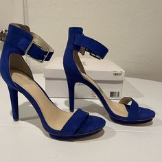 Calvin Klein Royal Blue Heels Ankle Strap Suede 10m New In Box Sku B30 Blue Ankle-high Heels With 4-inch Heel, Blue Medium Width Heels For Office, Blue Heels With Wrapped Heel In Medium Width, Blue Open Heel Heels Medium Width, Blue Ankle-high Formal Heels, Blue Ankle-high Heels For Formal Occasions, Blue Medium Width Open Heel Heels, Blue Ankle Strap Heels With Medium Width, Blue Ankle Strap Heels Medium Width