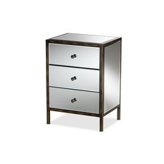 a mirrored cabinet with two drawers on one side and an open drawer on the other