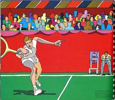 a painting of a tennis player hitting the ball with his racket in front of an audience