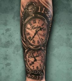 a man's arm with two clocks on it