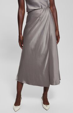 Soft pleats texture this wrapped maxi skirt elevated in luxe satin. 36 1/2" length Side zip closure Unlined 58% recycled polyester, 42% polyester Hand wash, line dry Imported Satin Maxi Skirt, Pants Shirt Men, Wrap Maxi Skirt, Walnut Shell, Satin Midi Skirt, Tall Jeans, Sneaker Dress Shoes, Satin Maxi, Recycled Bottles