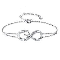 Premium Women Sterling Silver Adjustable Bracelet Infinity Heart Style Gifts for Girl, Fashion Jewelry Sterling Silver Adjustable Bracelets For Valentine's Day, Sterling Silver Bracelets With Adjustable Chain For Valentine's Day, Silver Infinity Bracelet With Adjustable Chain, Valentine's Day Sterling Silver Bracelets With Adjustable Chain, Silver Hypoallergenic Heart Bracelet, Sterling Silver Infinity Bracelets For Anniversary, Sterling Silver Infinity Bracelet For Anniversary, Silver Infinity Heart Bracelet As Gift, Adjustable Silver Chain Bracelet For Valentine's Day