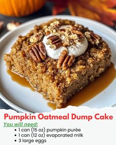 a white plate topped with a piece of pumpkin oatmeal dump cake