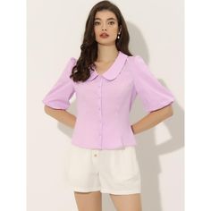 This casual blouse is great for a vintage and elegant look with jeans, a skirt, pants, high heels, etc. Whether it's work or shopping, this top has you covered. Perfect for all kinds of outfits, such as leggings, skirts, dresses, jeans, high heels, and more. Modern Peter Pan Collar, Cinched Waist, Faux Placket, Button Decor, Collared Top. Modern Peter Pan, Peter Pan Collar Blouse, Button Decor, Collared Top, Bubble Sleeve, Elegant Blouses, Peplum Blouse, Collar Top, Collar Blouse