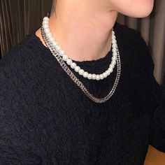 Pearl chain length: about 40cmCuban chain length: about 54cm Pearl Charm Necklace, Natural Pearl Necklace, Double Necklace, Pearl Necklace Set, Pearl Pendant Necklace, Pearl Charms, Pearl Chain, Natural Pearls, Pearl Pendant