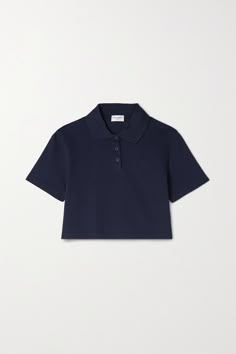 SAINT LAURENT's polo top is neatly embroidered with 'YSL' lettering. It's made from soft cotton-piqué in a classic and versatile navy shade. The cropped length works well with high-waisted jeans or shorts. Ysl Clothes, Saint Laurent Clothes, Cropped Polo Shirt, Saint Laurent Jeans, Cropped Polo, Corset Shirt, Red Polo Shirt