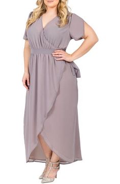 Notched tulip sleeves and a fluttery tulip hem enhance the fluid grace of a wrapped maxi dress cut from soft georgette. 60" length True wrap style; ties at waist Surplice V-neck Short sleeves Semi-sheer; base layer recommended Lined 100% polyester Machine wash, line dry Imported Encore Plus Size Wedding Guest Dresses, Plus Size Clothing Stores, Maxi Dress Plus Size, Storm Grey, Chiffon Wrap, Wrap Maxi Dress, Dress Shirt Sleeves, Nursing Dress, Sleeveless Floral Dress