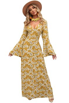 Yellow Bohemian V Neck Bell Sleeves Paisley Print Maxi Dress Cable Knit Dress, Bohemian Maxi, Bohemian Maxi Dress, Long Dress Casual, Lace Bodycon Dress, Long Sleeve Sweater Dress, Paisley Dress, Women Maxi, Daily Dress