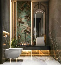 a bath room with a tub a sink and a mirror on the wall in it