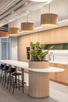 a long table and chairs in a room with lots of lights hanging from the ceiling