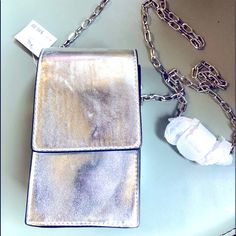 Nwt Brand New Adorable Silver Cross Body Mini Purse 7" Long 4" With Comes With Stunning Silver Chain 23" Long For Any Occasions No Trades Holds Pp Silver Rectangular Clutch For Mobile Phone, Silver Pouch Evening Bag, Formal Rectangular Wallet On Chain With Phone Bag, Silver Rectangular Evening Bag For Travel, Rectangular Wallet On Chain With Magnetic Closure, Gold Rectangular Wallet On Chain For Gift, Gold Rectangular Wallet On Chain As Gift, Evening Clutch Phone Bag With Chain Strap, Evening Phone Clutch With Chain Strap