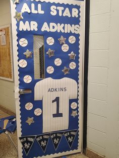 a door decorated to look like a baseball player's jersey and number one on it