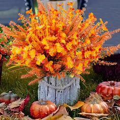 an arrangement of flowers and pumpkins on the ground