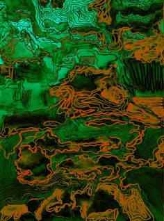 an abstract painting with green and orange colors