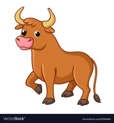 a brown bull with large horns standing in front of a white background