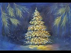 a painting of a lit christmas tree in the snow with pine needles on it's branches