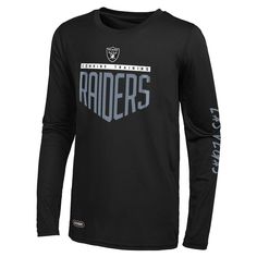 Represent your Las Vegas Raiders pride with the men's black Las Vegas Raiders Impact long sleeve T-shirt. This officially licensed Las Vegas Raiders gear features screen print graphics that boldly display your unwavering support for the team. Made from a comfortable blend of polyester and cotton, this long sleeve t-shirt is perfect for game day or any day you want to show off your Las Vegas Raiders spirit. Officially licensed Imported Brand: Outerstuff Material: 65% Polyester/35% Cotton Moisture Black Long Sleeve Fan Gear T-shirt, Black Tops With Team Logo Fan Apparel, Black Fan Apparel Tops With Team Logo, Black Tops For Sports Season Fan Merchandise, Black Tops For Sports Season Fan Gear, Black Crew Neck Top With Team Logo, Black Long Sleeve Team Tops, Black Moisture-wicking Fan Apparel T-shirt, Black Team Name Fan Apparel Top