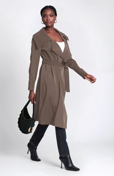 A showy collar and a graceful drape animate a softly styled trench coat you'll truly appreciate during the between season. 44 1/2" length (size Medium) Open front Notched lapels Front welt pockets Removable sash Partially lined 94% polyester, 6% spandex Dry clean Imported Fitted Outerwear With Belted Cuffs For Fall, Fitted Fall Outerwear With Belted Cuffs, Spring Fitted Outerwear With Shawl Collar, Spring Shawl Collar Belted Outerwear, Fabric Gift Bags, Nordstrom Store, Fabric Gifts, Free Fabric, Front Open