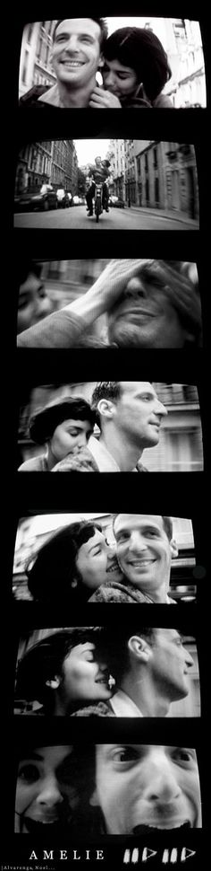 multiple black and white images of people on the street in different directions, with one woman's face partially obscured by her hair