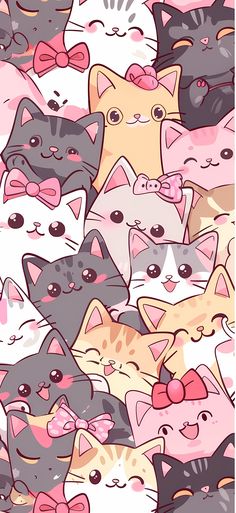 a bunch of cats with bow ties and bows on their heads, all in different colors