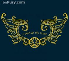 an open at the close logo on a blue background with gold swirls and curls