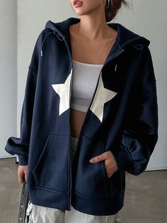 Fleece-Lined Star Pattern Navy Blue Zip Up Hoodie Sweatshirt Y2k Navy Blue Casual  Long Sleeve Polyester Colorblock,Geometric Zip Up Non-Stretch Spring/Fall Women Clothing, size features are:Bust: ,Length: ,Sleeve Length: Chongyun Sweater, Navy Blue Sweat Shirts, Navy Blue Wishlist, Navy Blue Hoodie Outfit, Blue Aesthetic Clothes, Shein Hoodies, Blue Aesthetic Outfits, Blue Hoodie Outfit, Navy Blue Zip Up Hoodie