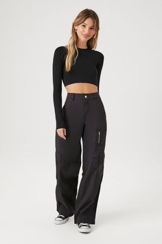 Twill Wide-Leg Cargo Pants | Forever 21 Twill Pants, Back Patch, Bottom Clothes, Waist Belt, Flap Pocket, Bottoms Pants, Cargo Pants, Fitness Models, Forever 21