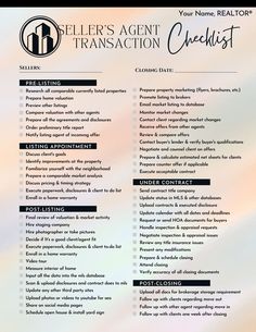 a resume for a real estate agent with the words seller's agent transaction checklist