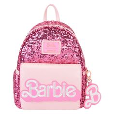 a pink backpack with sequins and the word barbie on it