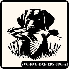 a black and white image of a dog holding a duck in its mouth with the words svg png - df - eps jpg