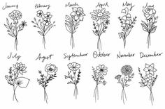 flowers are arranged in different styles and sizes, with the names written on each flower