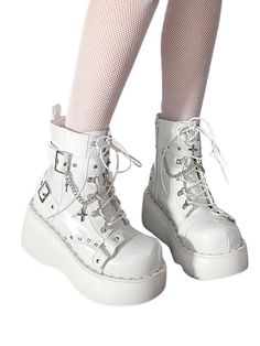 ❤Punk Cross Round Toe Platform Boots❤︎ White Goth Shoes, White Platform Shoes, White Goth, Goth Shoes, Edgy Jewelry, Punk Boots, Black Platform Boots, White Platform, Martin Boots