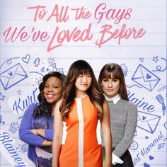 three women standing in front of a sign that says to all the guys we've loved before