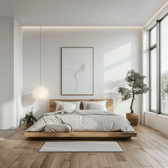 a bedroom with white walls and wooden floors, large windows, an art work on the wall