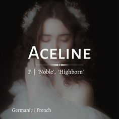 a woman in a white dress with her eyes closed and the words aceline above her