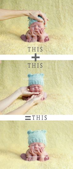 two pictures showing the same baby's head and hands as they lay on top of each other