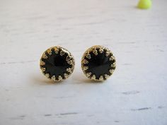 Gold earring black earring crystal earring jet by MoonliDesigns Sacred Geometry Jewelry, Black Crystal Earrings, Black Stud Earrings, Gold Mandala, Black Stud, Matching Rings, Black Earrings, Black Crystals, Silver Studs