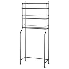 a tall metal shelf with three shelves on each side and one section above the other