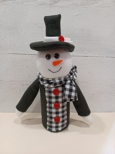 a stuffed snowman wearing a hat and scarf