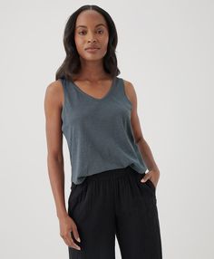 woman wearing organic cotton clothing set Garment Factory, American Brand, Minimalist Wardrobe, On Repeat, Cotton Tops