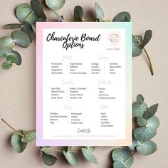 a wedding seating chart with eucalyptus leaves on it and the words charlotte board options written in black ink