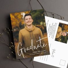 a graduation announcement card with an image of a man in a hoodie and the words graduate on it