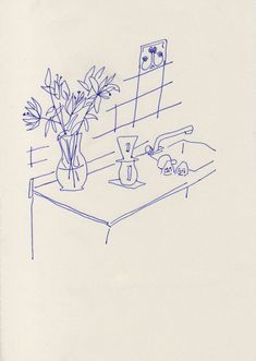 a drawing of flowers in a vase on a table