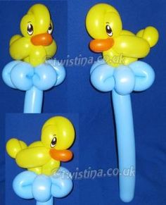 three pictures of yellow rubber ducks on blue sticks