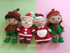 three crocheted dolls are standing next to each other on a green and pink background