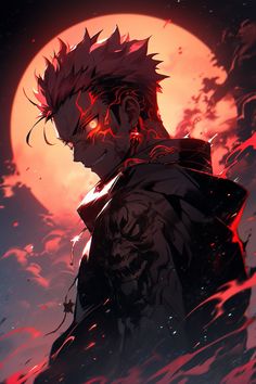 an anime character standing in front of a full moon with blood splatters on his face