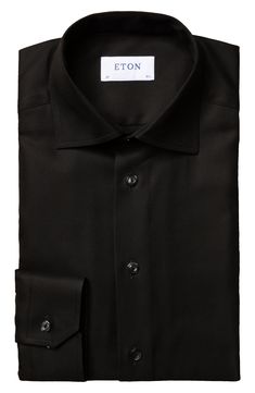 Crease-resistant performance cotton elevates a sleek and stylish dress shirt with cuffs that convert from button to French for versatile appeal. Style Name:Eton Trim Fit Solid Dress Shirt. Style Number: 6279010. Black Office Shirt With Concealed Placket, Classic Black Shirt With Hidden Button Closure, Black Business Shirt With Concealed Placket, Black Dress Shirt With Spread Collar For Office, Black Dress Shirt For Office With Spread Collar, Formal Black Shirt With Concealed Placket, Elegant Black Shirt With Concealed Placket, Luxury Black Business Shirt, Black Formal Shirt With Spread Collar