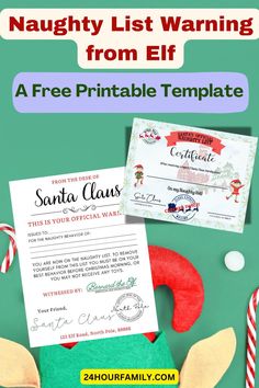 a santa clause gift certificate with candy canes on the side and an elf's hat