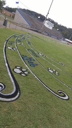 an artisticly designed track in the grass at a football field